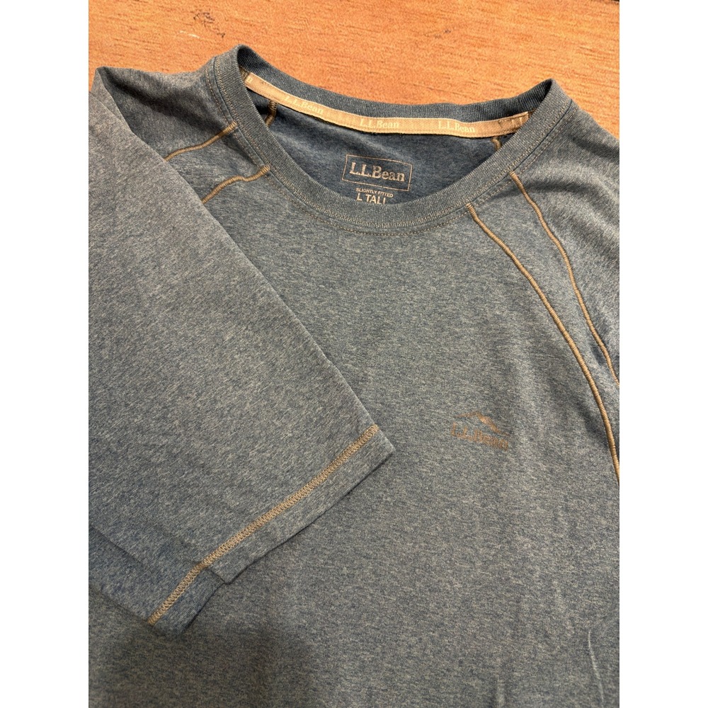 LL Bean Mens Large Tall Blue Heather Active Performance T-Shirt Raglan Hiking